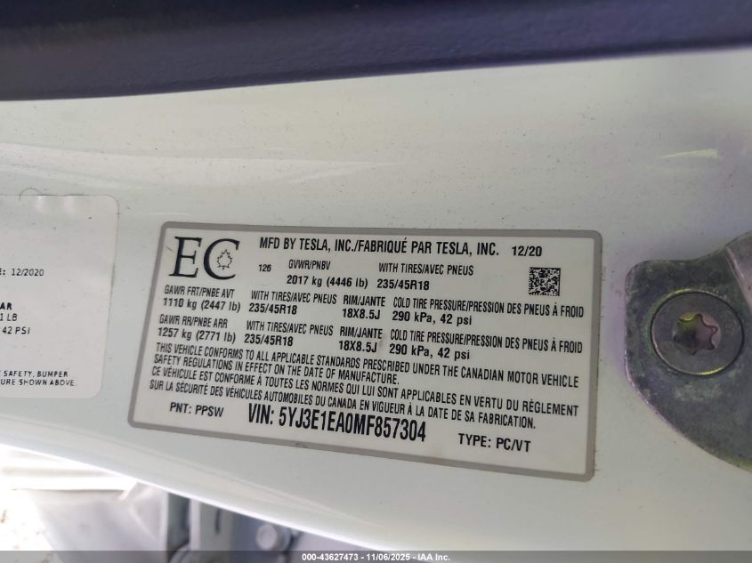 2021 Tesla Model 3 Standard Range Plus Rear-Wheel Drive VIN: 5YJ3E1EA0MF857304 Lot: 43627473