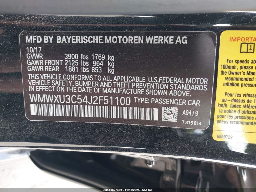 2018 Mini Hardtop Cooper S VIN: WMWXU3C54J2F51100 Lot: 43627479