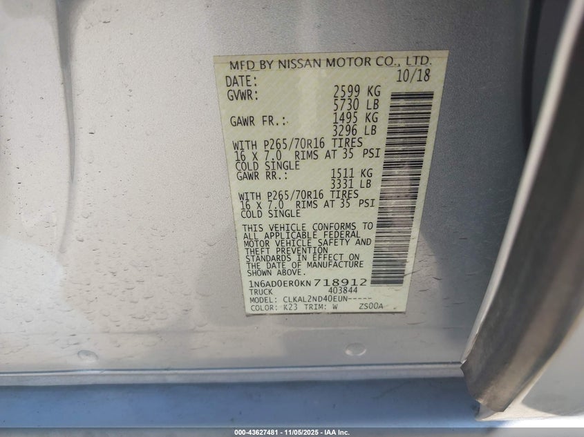 2019 NISSAN FRONTIER SV - 1N6AD0ER0KN718912