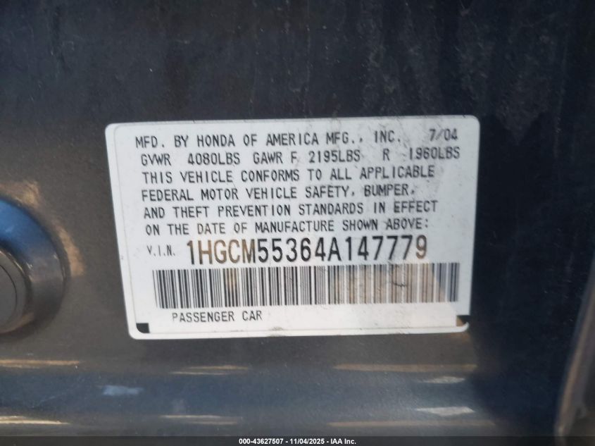 2004 Honda Accord 2.4 Lx VIN: 1HGCM55364A147779 Lot: 43627507