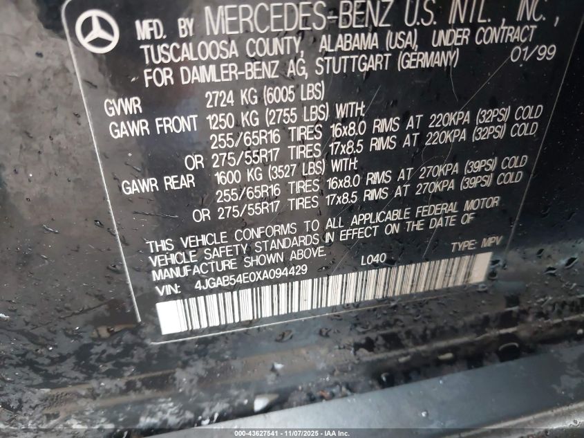 1999 Mercedes-Benz Ml 320 VIN: 4JGAB54E0XA094429 Lot: 43627541