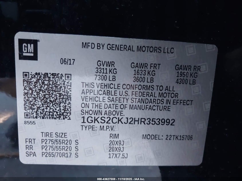 2017 GMC Yukon Denali VIN: 1GKS2CKJ2HR353992 Lot: 43627559