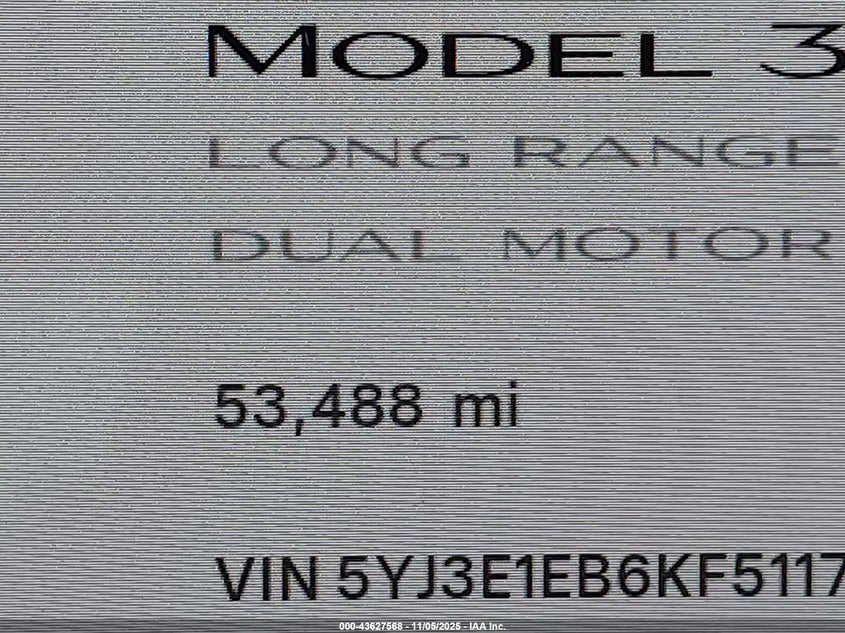 2019 Tesla Model 3 Long Range/Performance VIN: 5YJ3E1EB6KF511750 Lot: 43627568