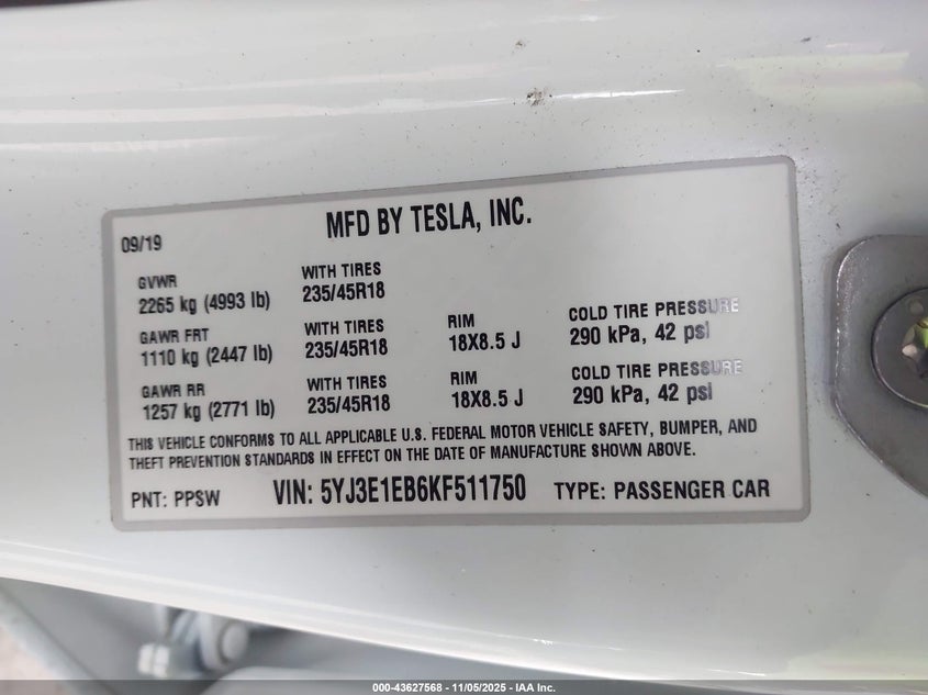 2019 Tesla Model 3 Long Range/Performance VIN: 5YJ3E1EB6KF511750 Lot: 43627568