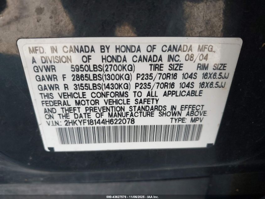 2004 Honda Pilot Lx VIN: 2HKYF18144H622078 Lot: 43627576