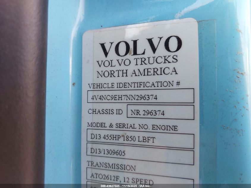 2022 Volvo Vnl VIN: 4V4NC9EH7NN296374 Lot: 43627585