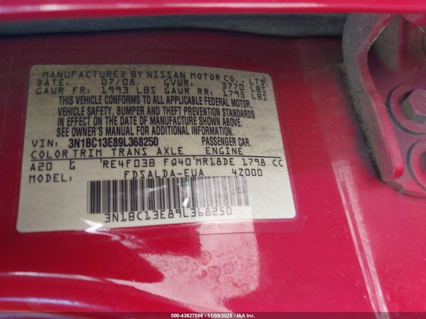 2009 Nissan Versa 1.8S VIN: 3N1BC13E89L368250 Lot: 43627586