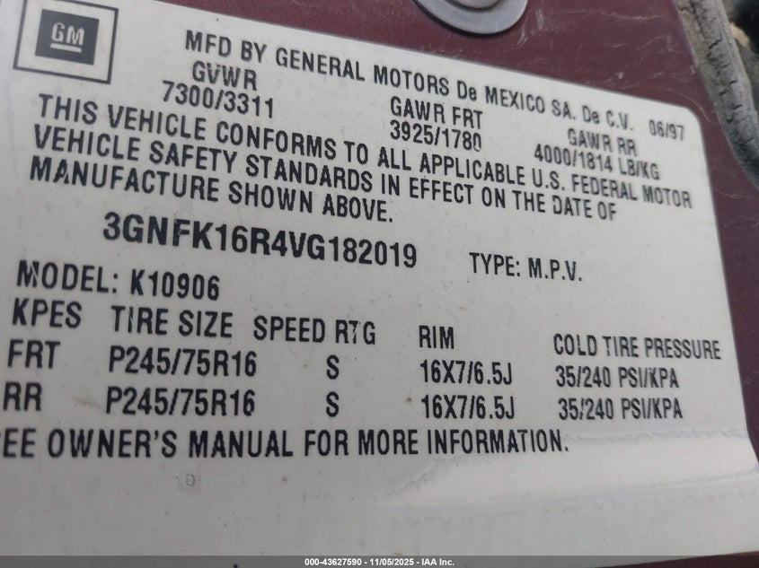 1997 Chevrolet Suburban K1500 VIN: 3GNFK16R4VG182019 Lot: 43627590