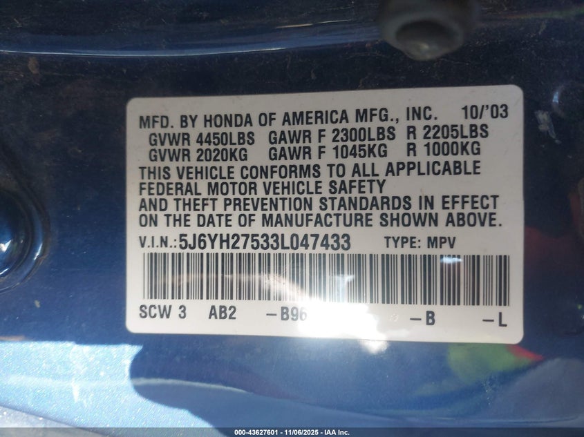 2003 Honda Element Ex VIN: 5J6YH27533L047433 Lot: 43627601