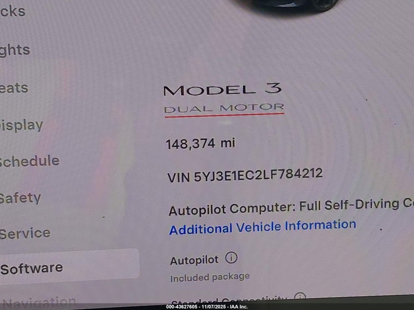 2020 Tesla Model 3 Performance VIN: 5YJ3E1EC2LF784212 Lot: 43627605