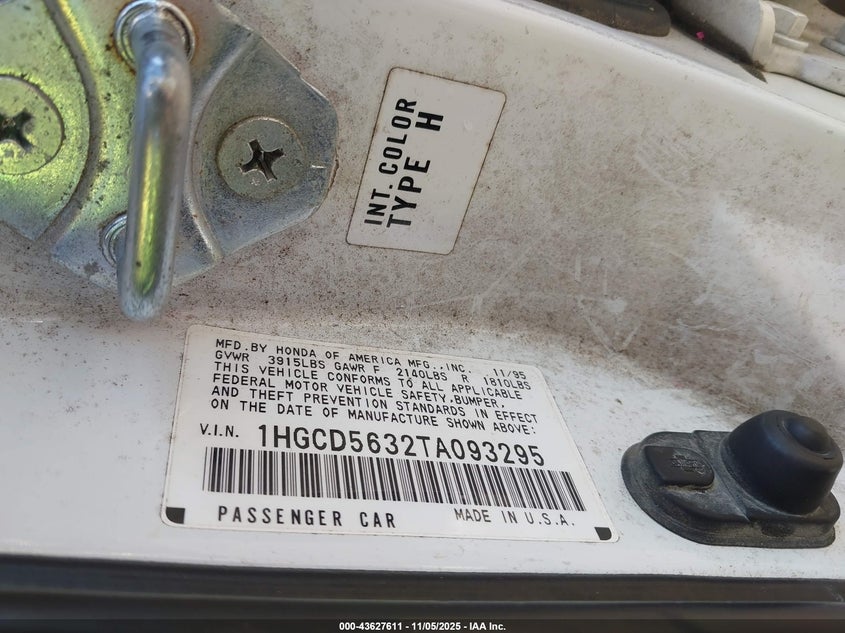 1996 Honda Accord Lx/Ex VIN: 1HGCD5632TA093295 Lot: 43627611