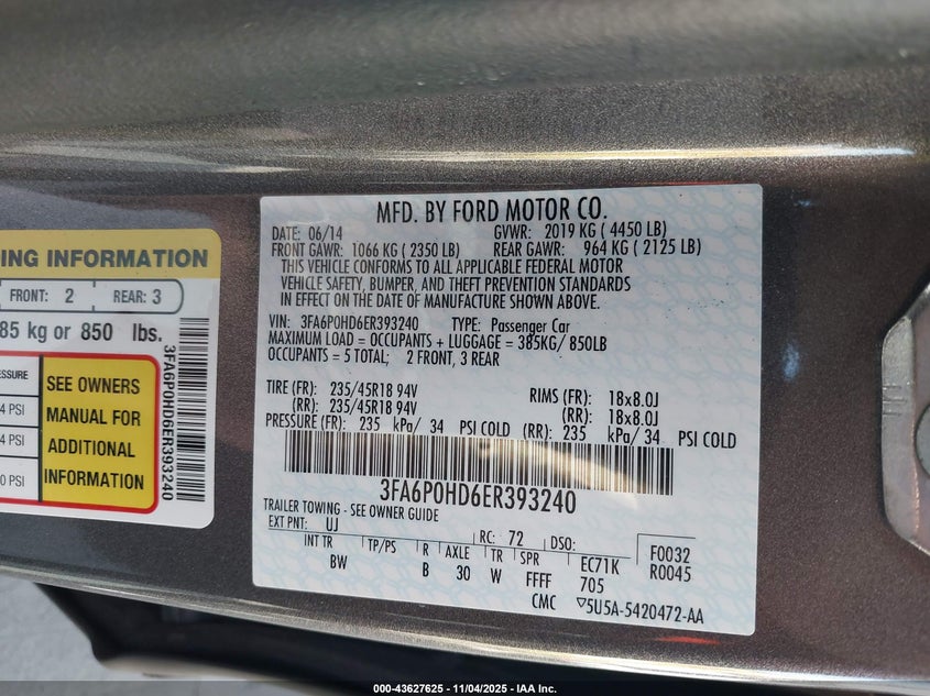 2014 Ford Fusion Se VIN: 3FA6P0HD6ER393240 Lot: 43627625