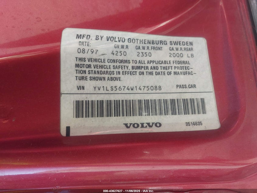 1998 Volvo S70 Glt VIN: YV1LS5674W1475088 Lot: 43627627