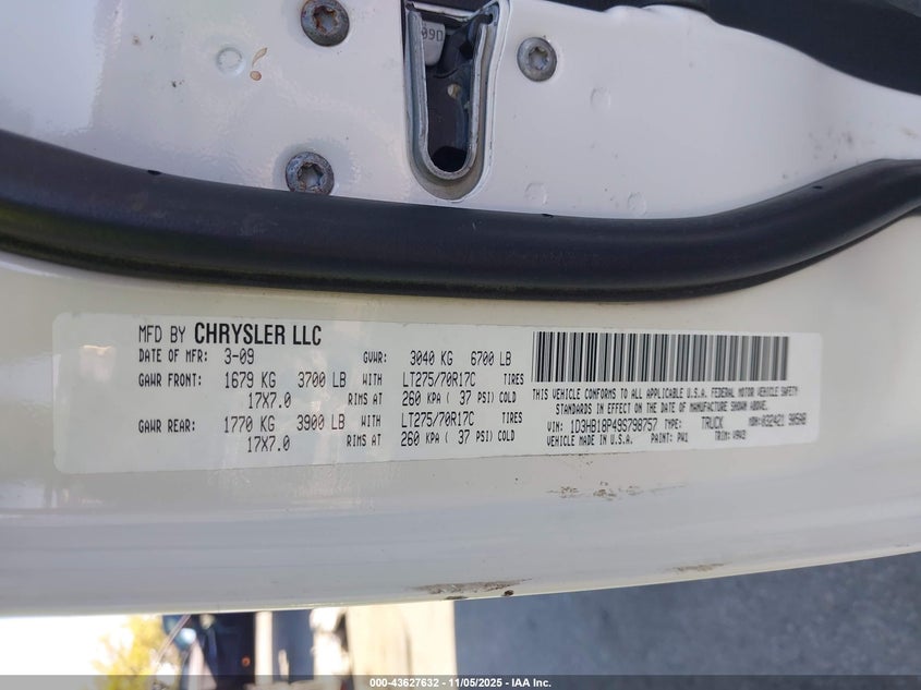 2009 Dodge Ram 1500 Slt/Sport/Trx VIN: 1D3HB18P49S798757 Lot: 43627632