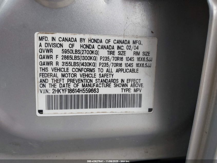 2004 Honda Pilot Ex-L VIN: 2HKYF18614H559663 Lot: 43627641