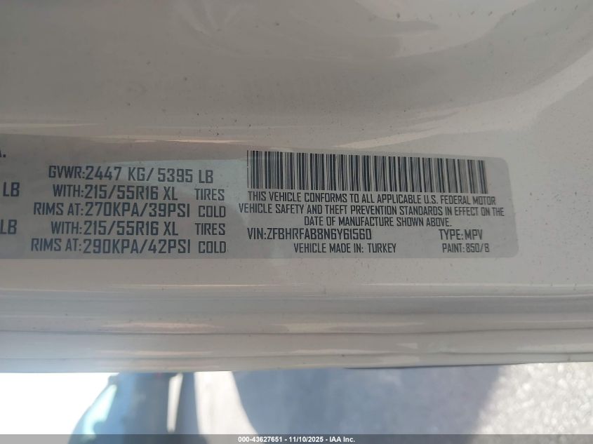 2022 Ram Promaster City Cargo Van VIN: ZFBHRFAB8N6Y61560 Lot: 43627651