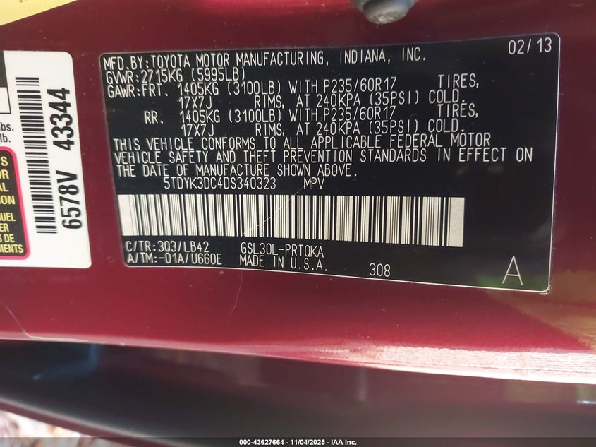 2013 TOYOTA SIENNA XLE V6 8 PASSENGER 5TDYK3DC4DS340323