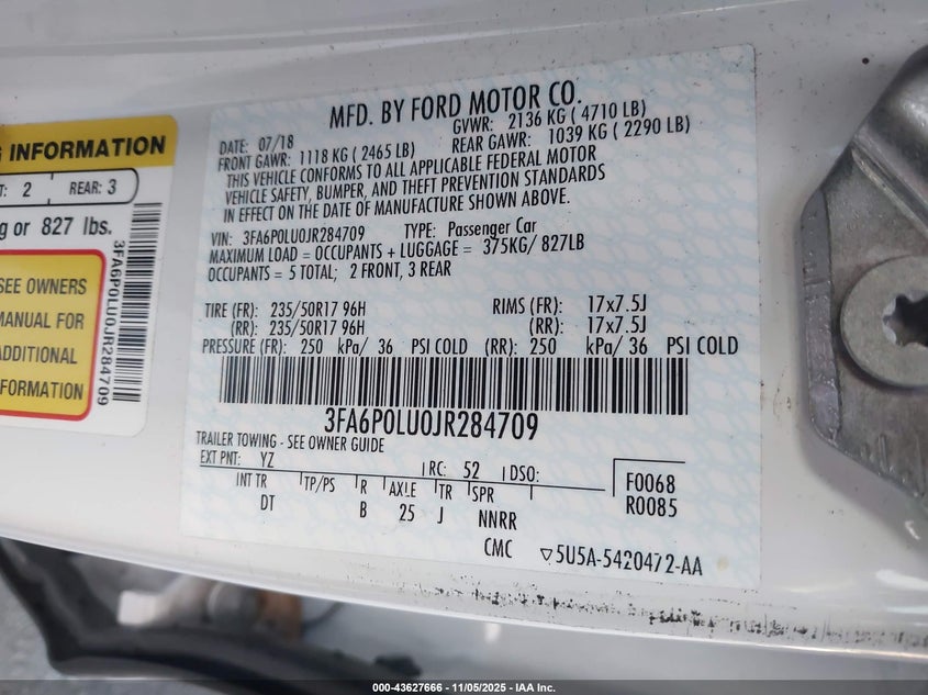 2018 Ford Fusion Hybrid Se VIN: 3FA6P0LU0JR284709 Lot: 43627666