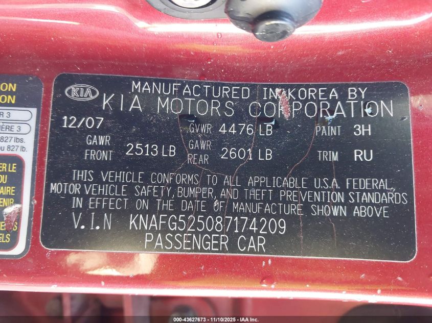 2008 Kia Rondo Lx Base VIN: KNAFG525087174209 Lot: 43627673