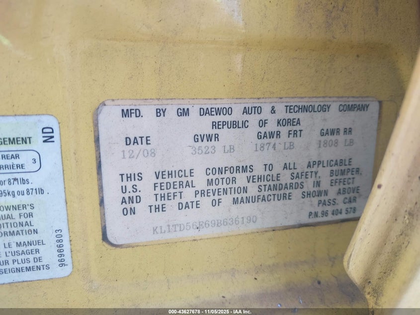 2009 Chevrolet Aveo Lt VIN: KL1TD56E69B636190 Lot: 43627678