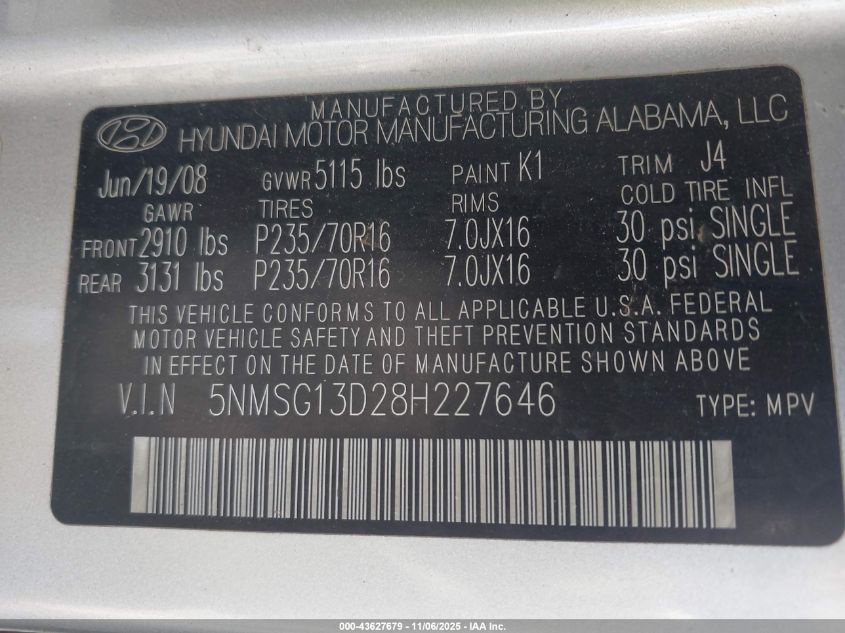 2008 Hyundai Santa Fe Gls VIN: 5NMSG13D28H227646 Lot: 43627679