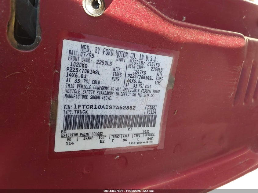 1995 Ford Ranger VIN: 1FTCR10A1STA62882 Lot: 43627691