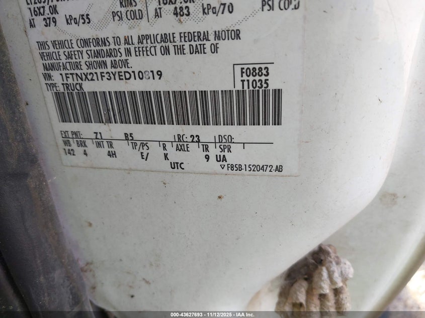 2000 Ford F-250 Lariat/Xl/Xlt VIN: 1FTNX21F3YED10819 Lot: 43627693