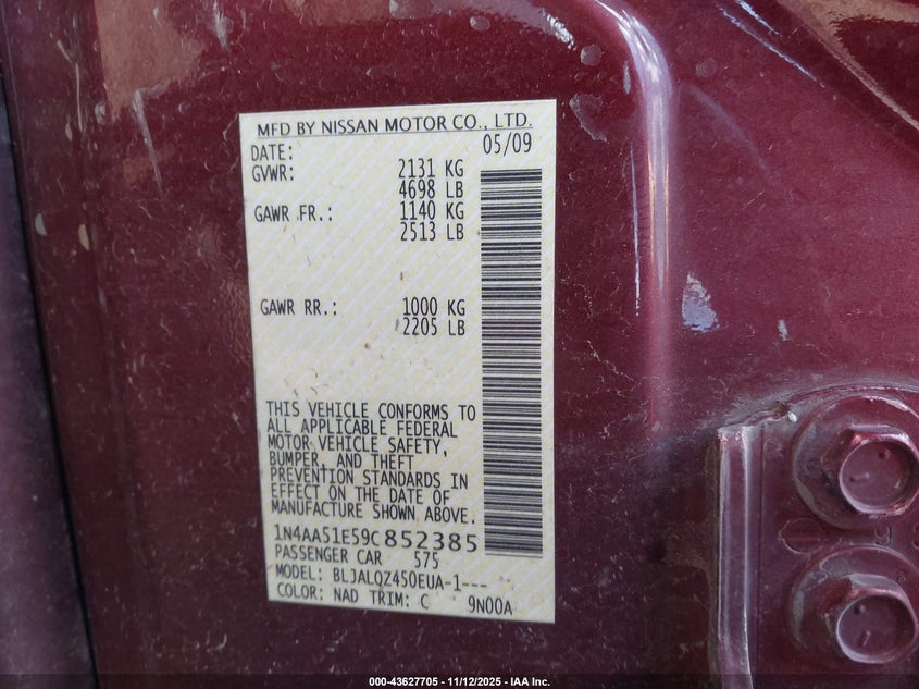 2009 Nissan Maxima 3.5 S VIN: 1N4AA51E59C852385 Lot: 43627705