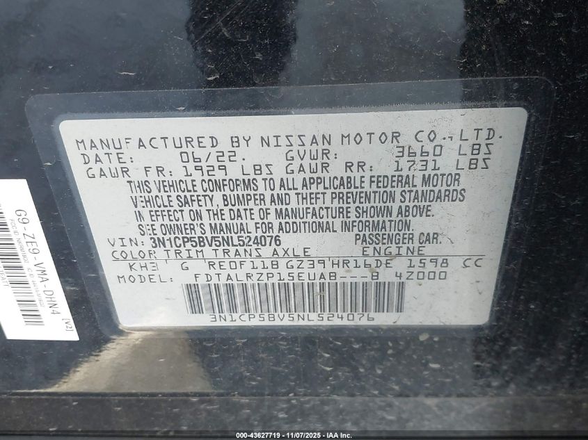 2022 Nissan Kicks S VIN: 3N1CP5BV5NL524076 Lot: 43627719