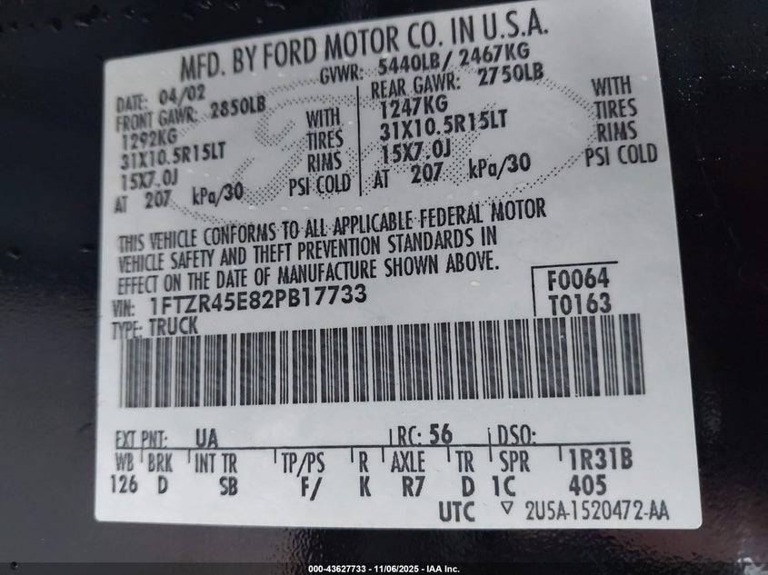 2002 Ford Ranger Edge/Xlt VIN: 1FTZR45E82PB17733 Lot: 43627733