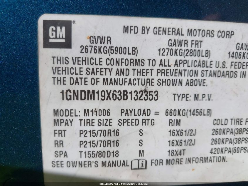 2003 Chevrolet Astro VIN: 1GNDM19X63B132353 Lot: 43627734