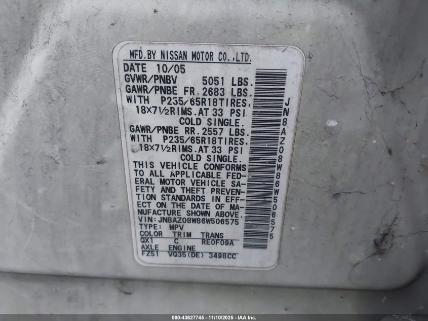 2006 Nissan Murano Sl/Se/S VIN: JN8AZ08W86W506575 Lot: 43627745