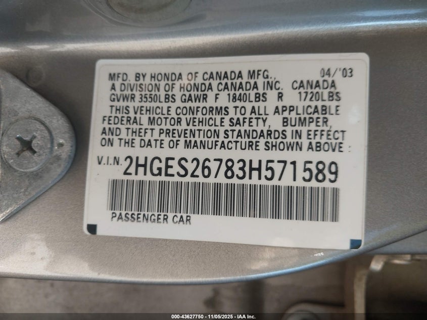 2003 Honda Civic Ex VIN: 2HGES26783H571589 Lot: 43627750