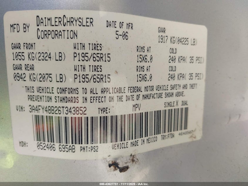 2006 Chrysler Pt Cruiser VIN: 3A4FY48B26T343852 Lot: 43627751