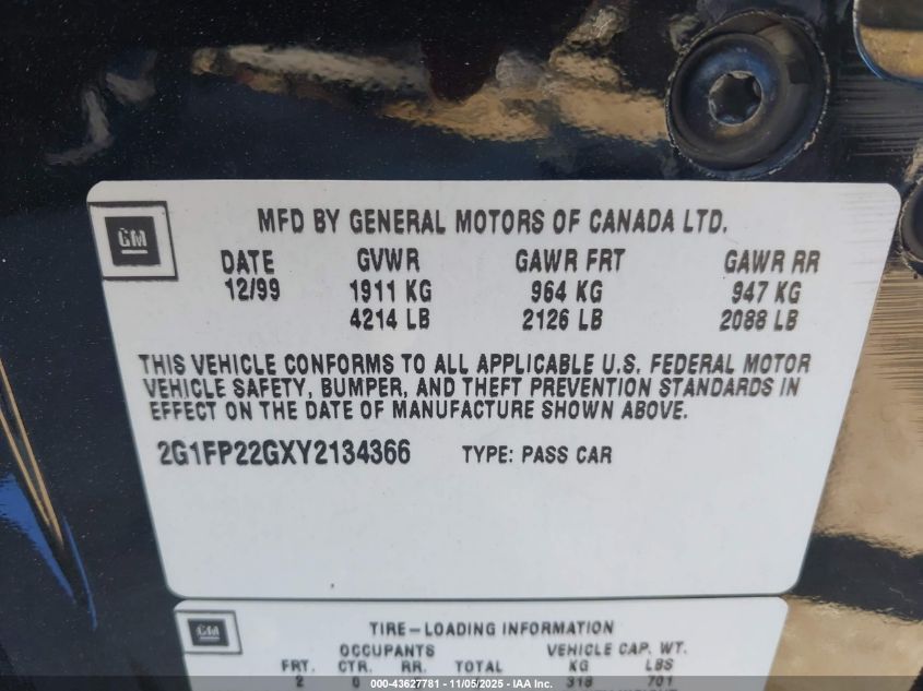 2000 Chevrolet Camaro Z28 VIN: 2G1FP22GXY2134366 Lot: 43627781