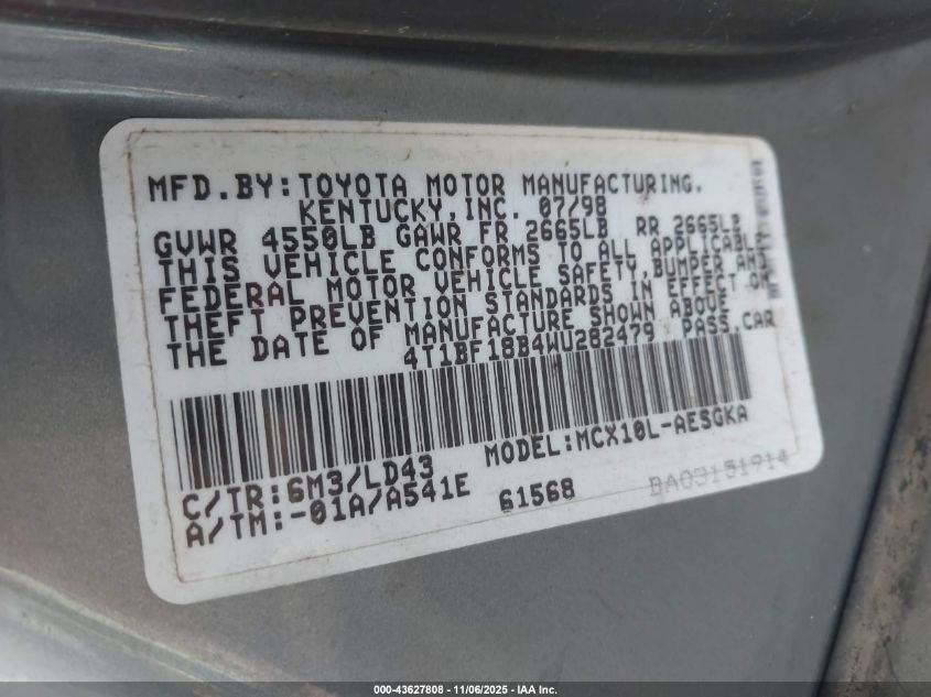 1998 Toyota Avalon Xls VIN: 4T1BF18B4WU282479 Lot: 43627808