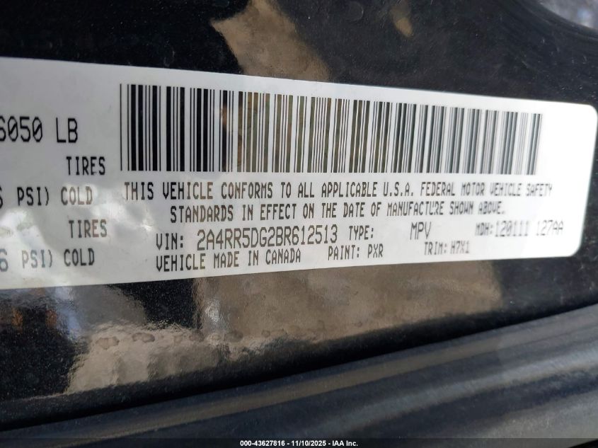 2011 Chrysler Town & Country Touring VIN: 2A4RR5DG2BR612513 Lot: 43627816