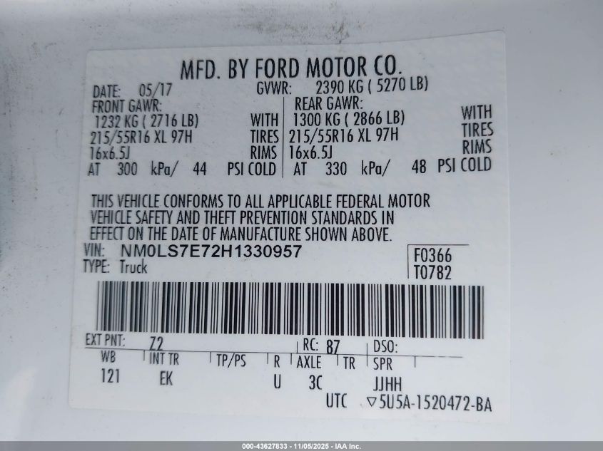 2017 Ford Transit Connect Xl VIN: NM0LS7E72H1330957 Lot: 43627833