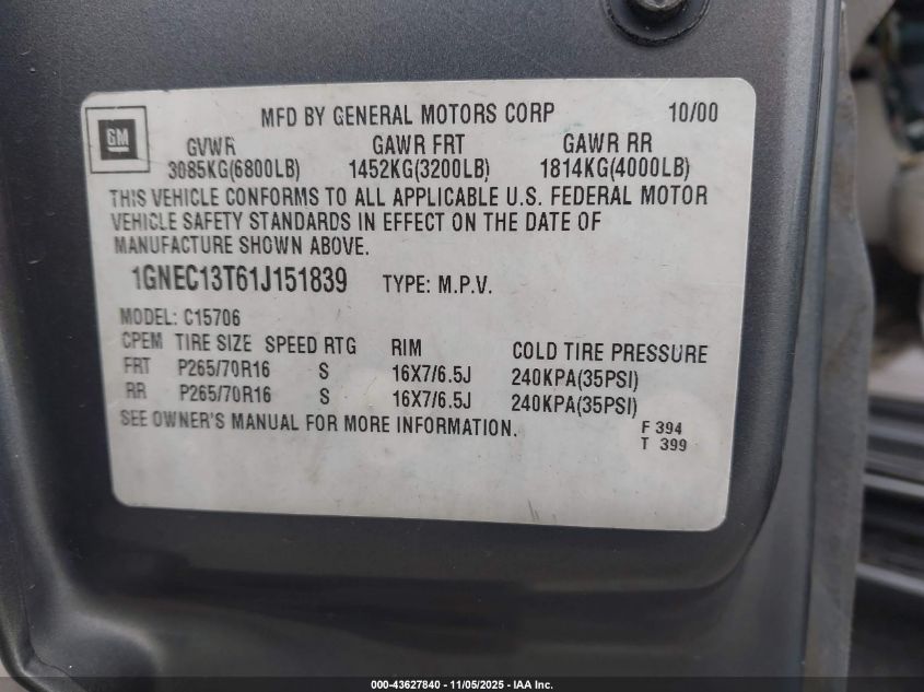 2001 Chevrolet Tahoe Ls VIN: 1GNEC13T61J151839 Lot: 43627840