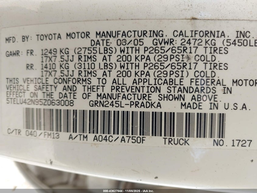 5TELU42N95Z063008 2005 TOYOTA TACOMA photo no. 9