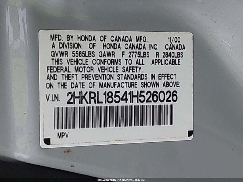 2001 Honda Odyssey Lx VIN: 2HKRL18541H526026 Lot: 43627846