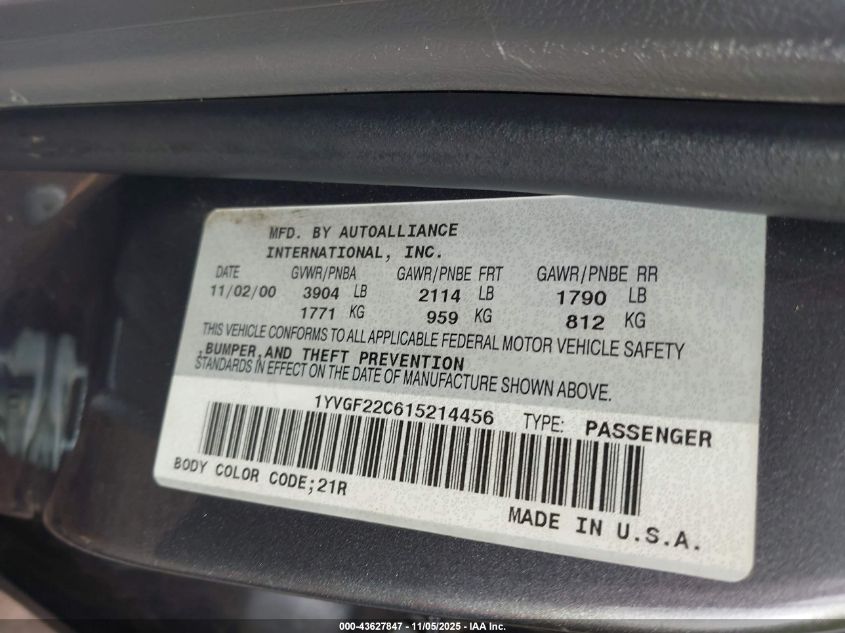 2001 Mazda 626 Es/Lx VIN: 1YVGF22C615214456 Lot: 43627847