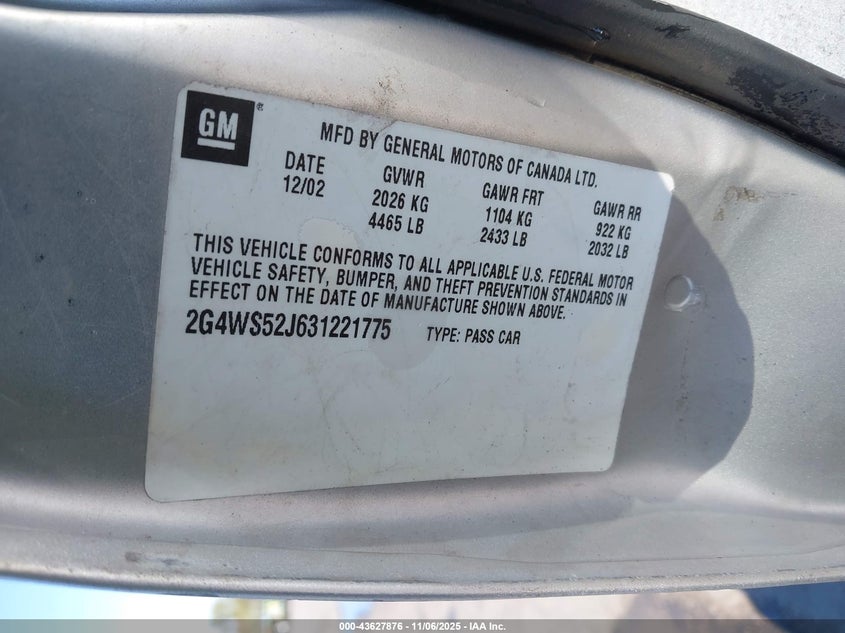 2003 Buick Century Custom VIN: 2G4WS52J631221775 Lot: 43627876