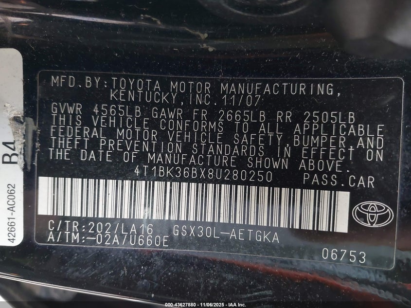 2008 Toyota Avalon Xls VIN: 4T1BK36BX8U280250 Lot: 43627880