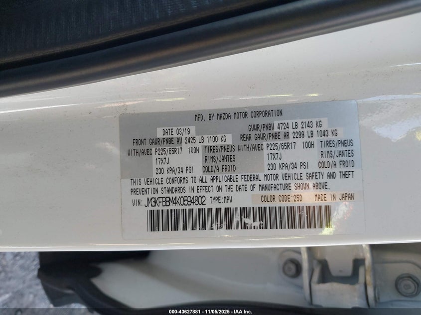 2019 MAZDA CX-5 SPORT - JM3KFBBM4K0594802