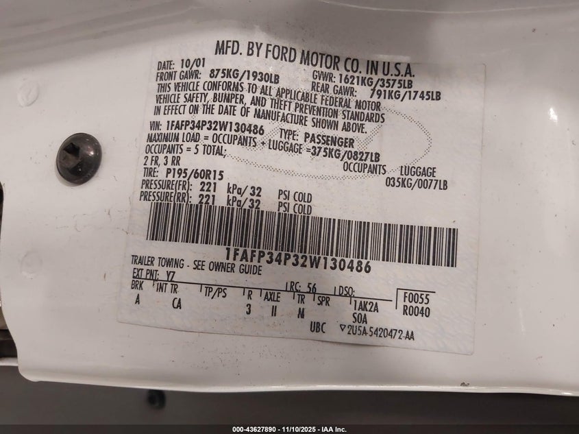 1FAFP34P32W130486 2002 FORD FOCUS photo no. 9
