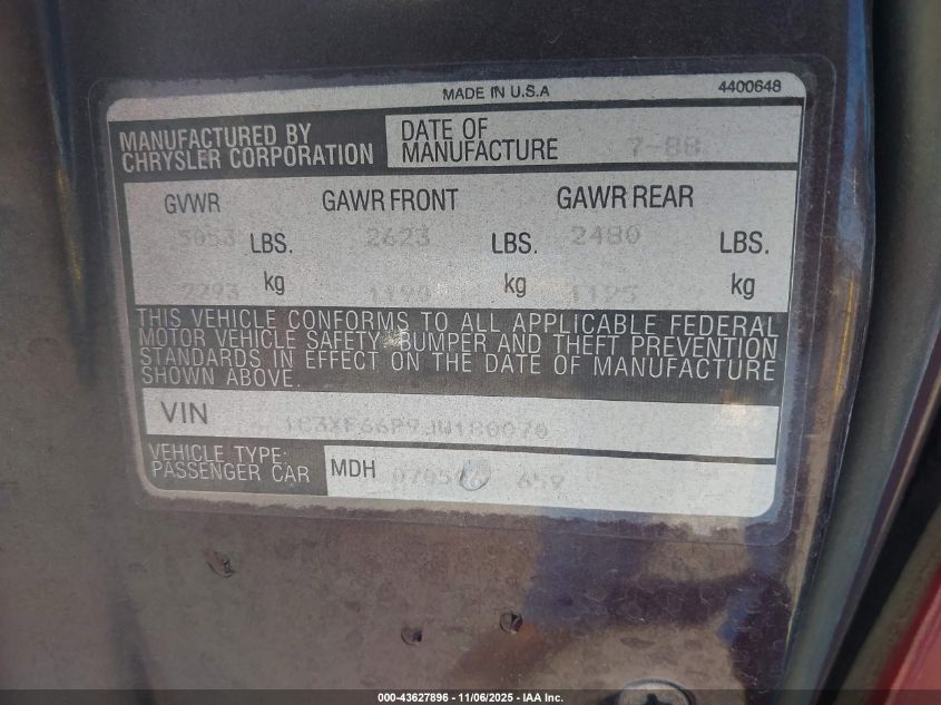 1988 Chrysler Fifth Avenue VIN: 1C3XF66P9JW180070 Lot: 43627896