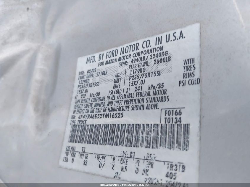 2002 Mazda B4000 Ds VIN: 4F4YR46E52TM16525 Lot: 43627900