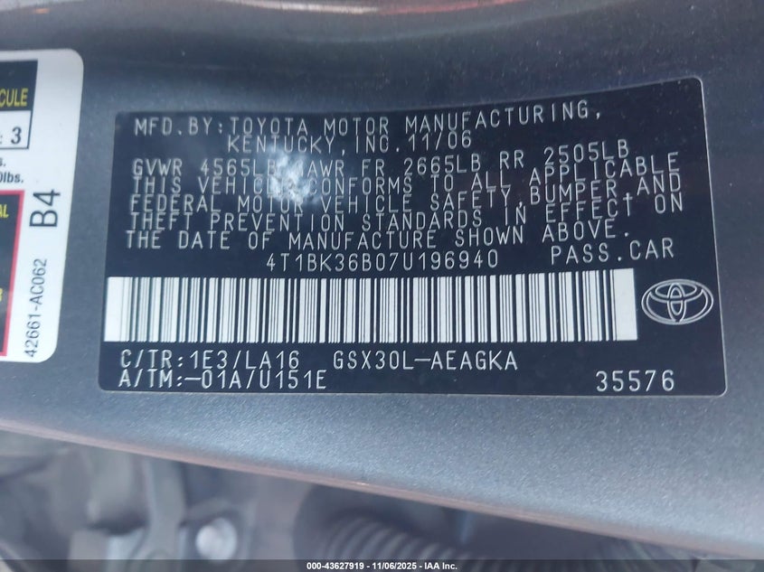 2007 Toyota Avalon Xls VIN: 4T1BK36B07U196940 Lot: 43627919