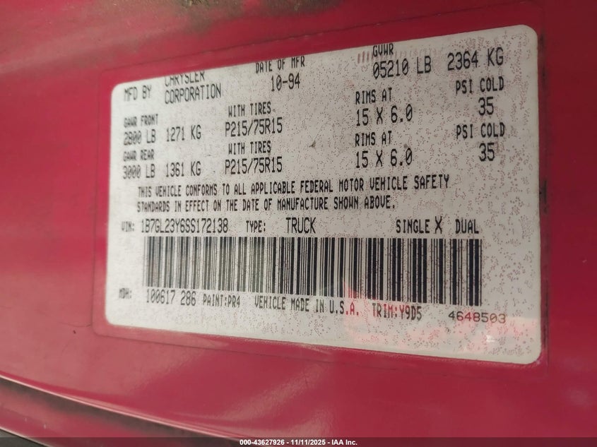 1B7GL23Y6SS172138 1995 DODGE DAKOTA photo no. 9